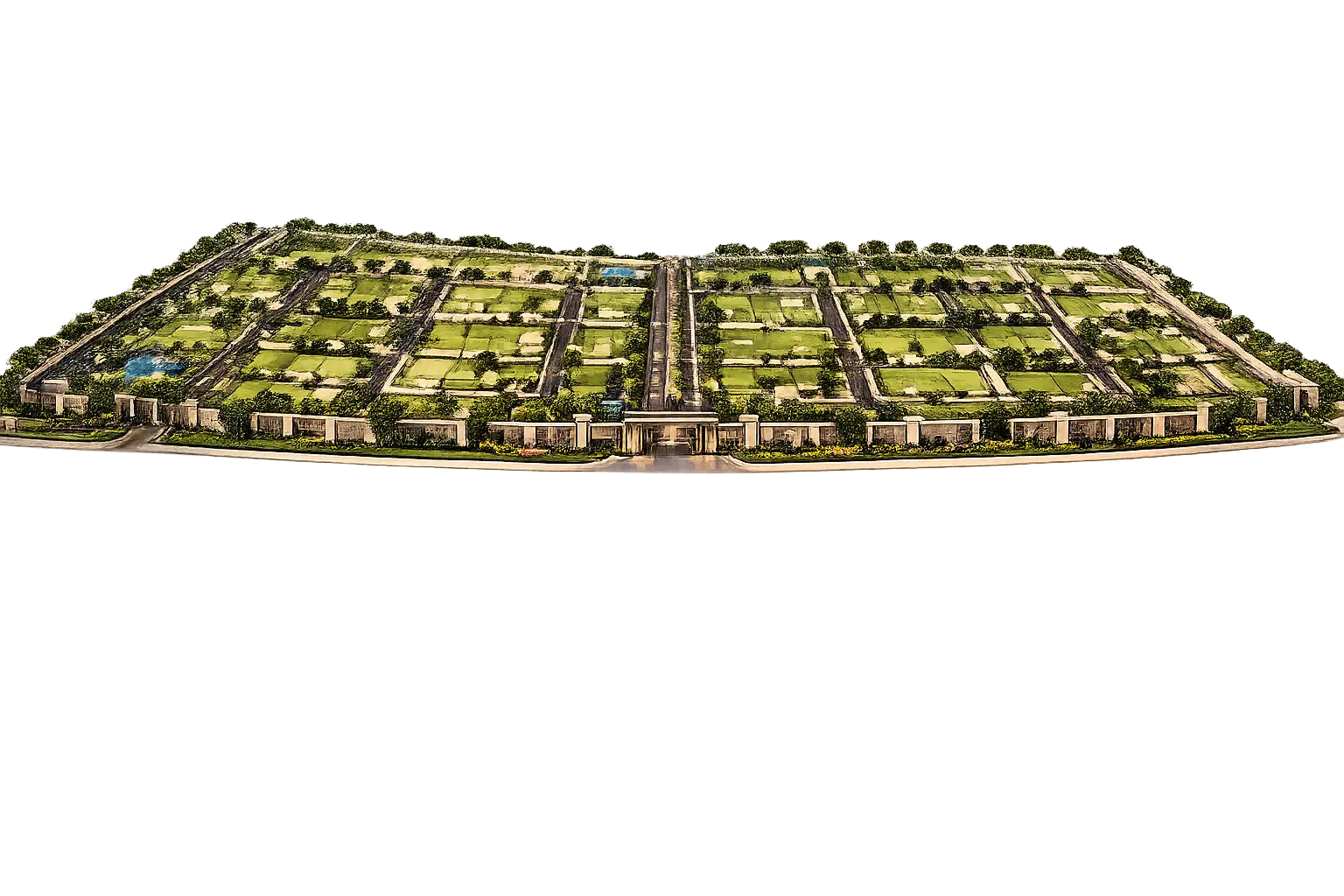 Master plan aerial of the plotted township — Phase I, 40 acres